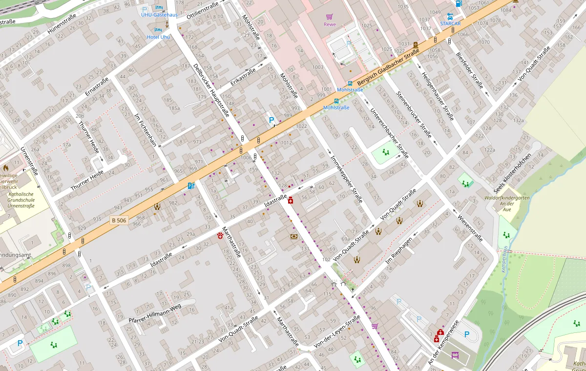 Kartenausschnitt Köln-Dellbrück mit Lage der Praxis, Idastr. 47, 51069 Köln